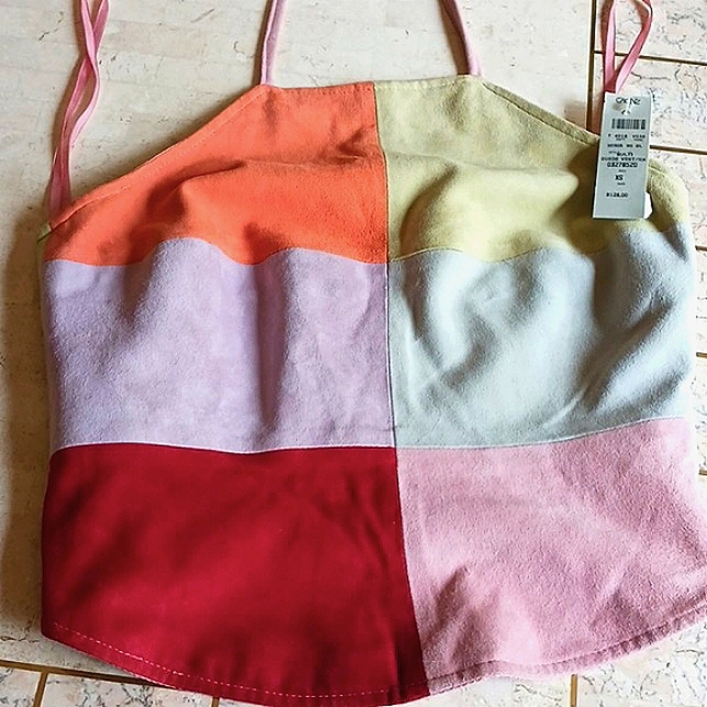 Vintage-One Of A Kind, multi color block suede vest..sz..XS.."Cache", New w/tags